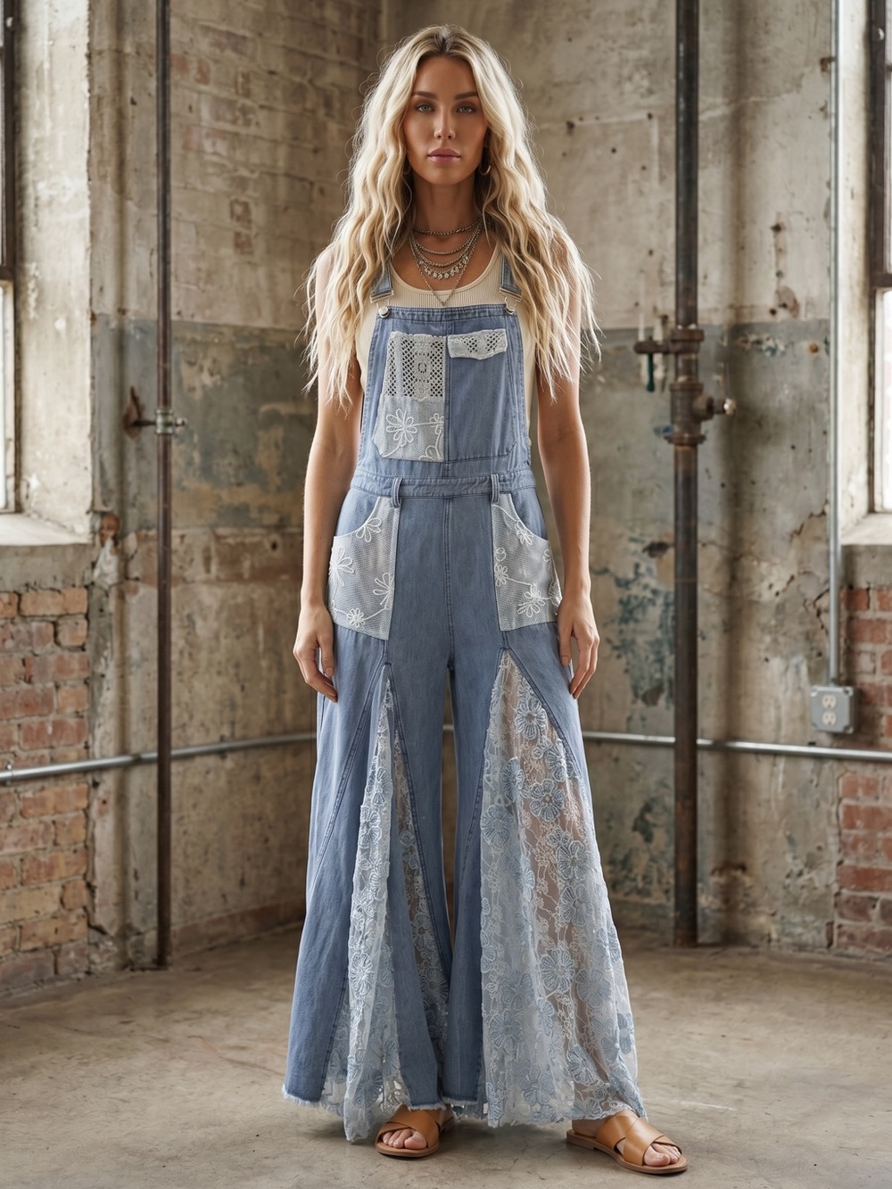 NWT Ultra Wide Leg Flare Lace Panel Patchwork Denim Jean Overalls Jumpsuit